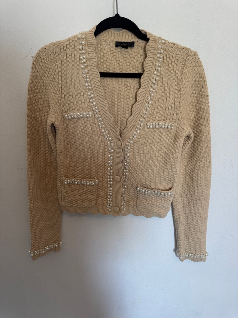 Aqua Beige Pearl-Trim Cropped Cardigan